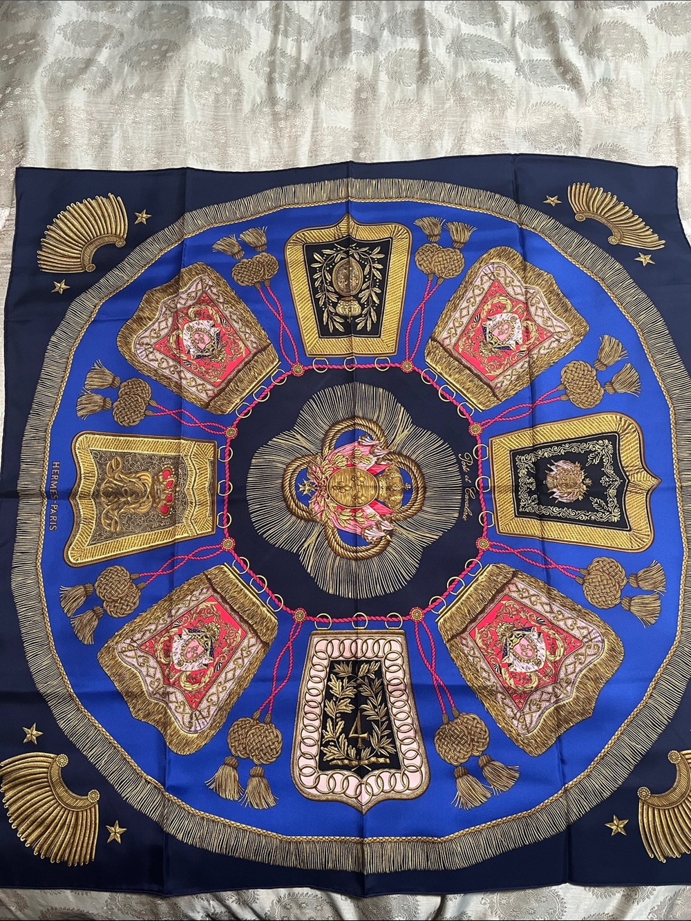 Hermes Blue, Navy and Gold Medallion Silk Scarf with Pink Accents